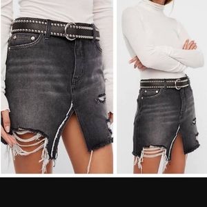 We The Free Distressed Washout Black Denim Mini Skirt